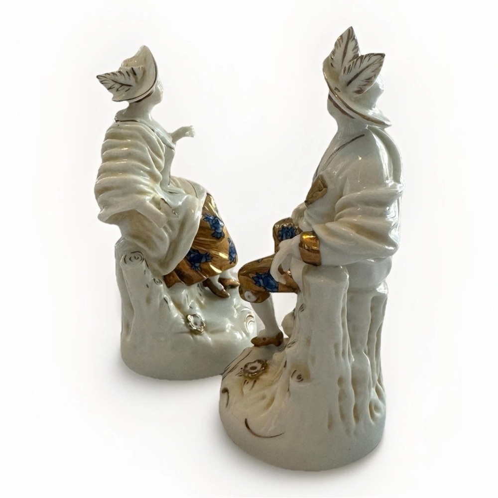 Antique Couple Figurines Victorian Courting Hand Painted & SIGNED Gold & Blue - Picture 2 of 13